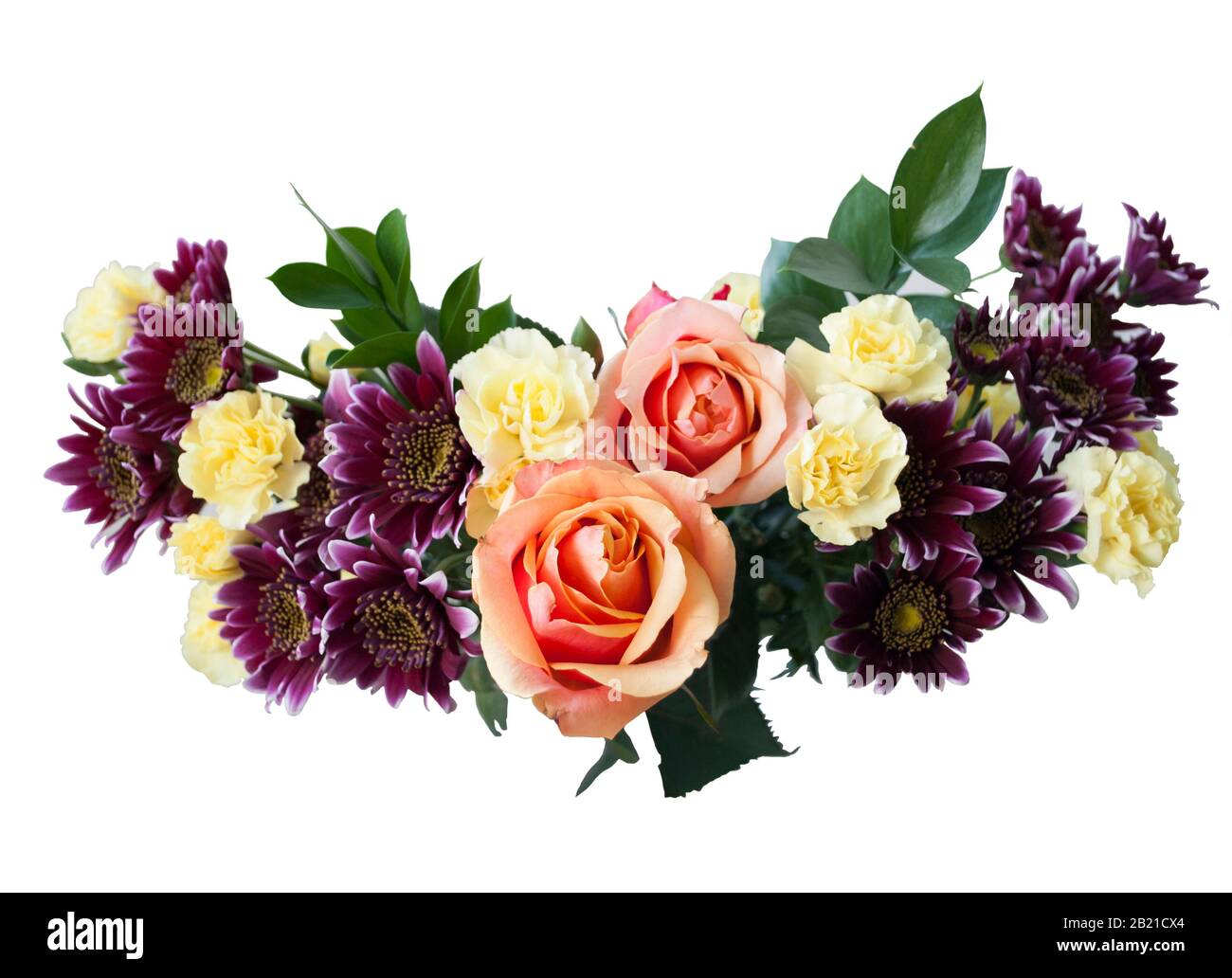 Bouquet of roses and chrysanthemums isolates on white. Stock Photo