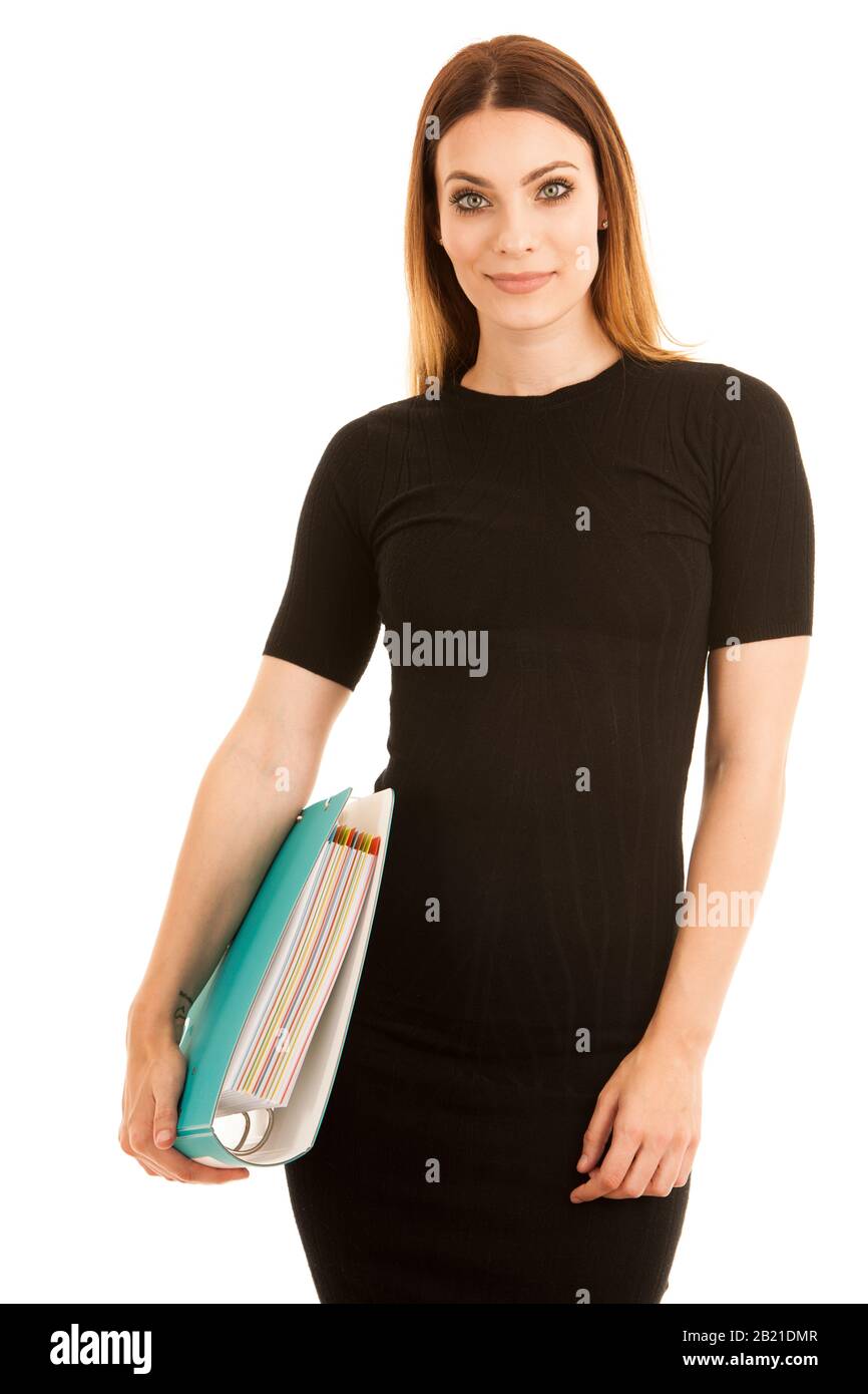 Young business woman in black dress holds a folder isolated over white ...