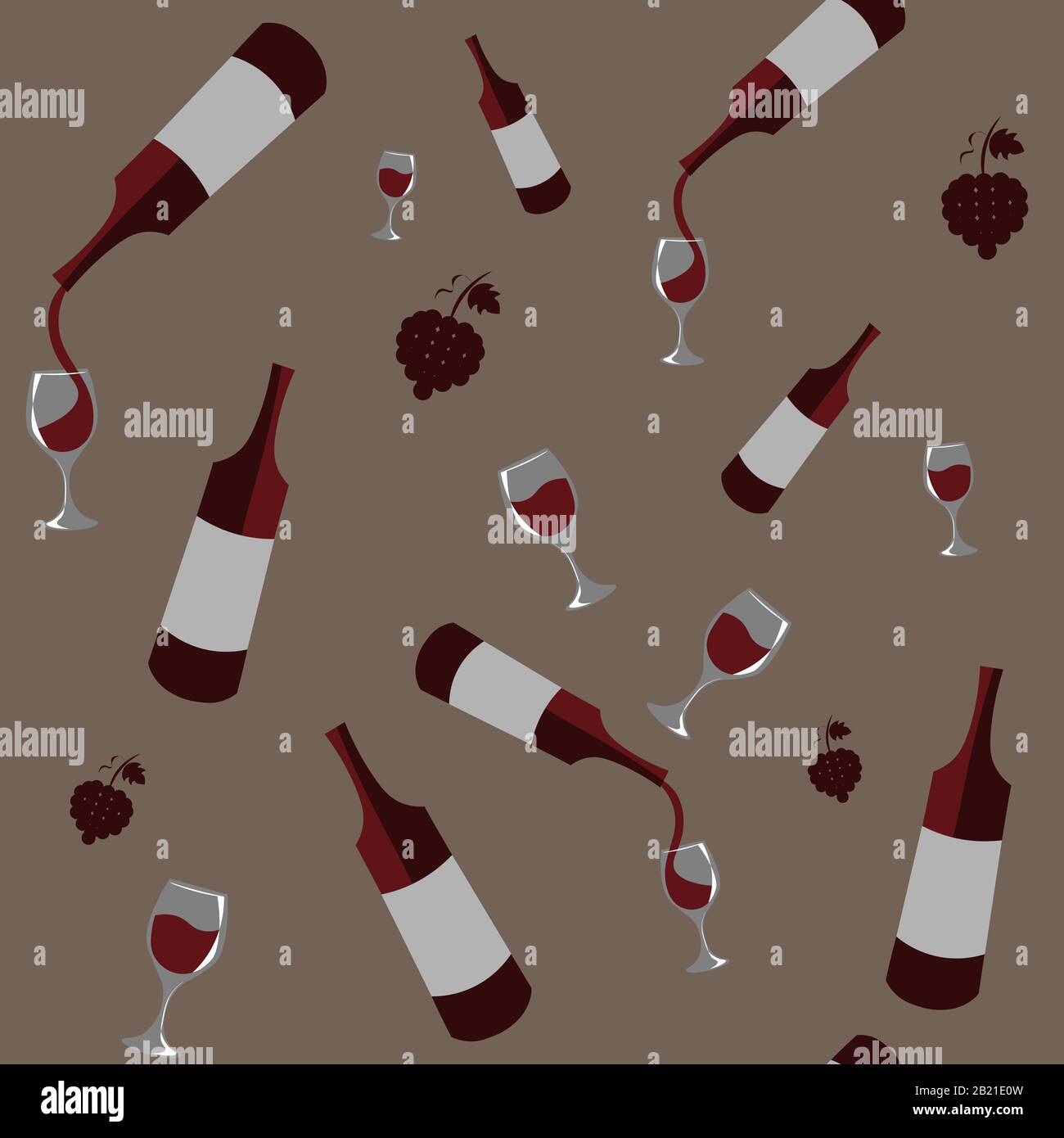 Seamless pattern with several bottles of red wine pouring into glasses on dark beige background Stock Vector