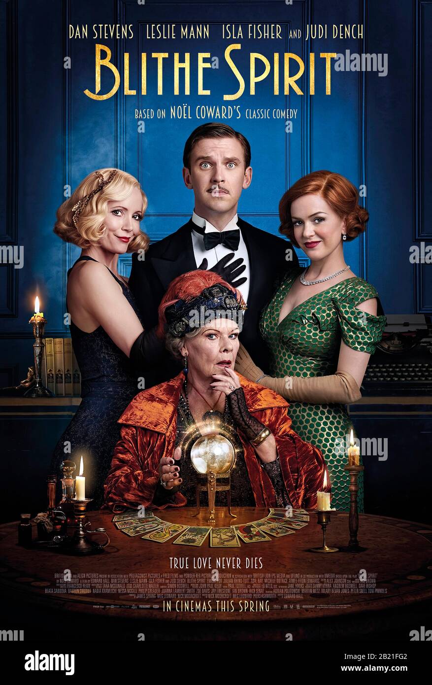 Blithe Spirit (2020) directed by Edward Hall and starring Isla Fisher, Emilia Fox, Dan Stevens and Judi Dench. Noël Coward's comic play about ghosts hits the big screen in a fresh adaptation. Stock Photo