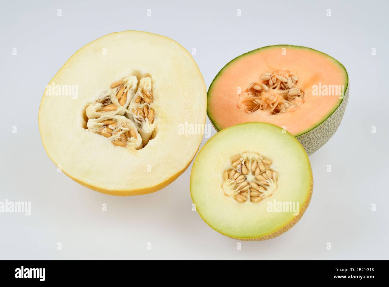 Honigmelone, Cantaloupe-Melone, Galia-Melone, Studioaufnahme Stock ...