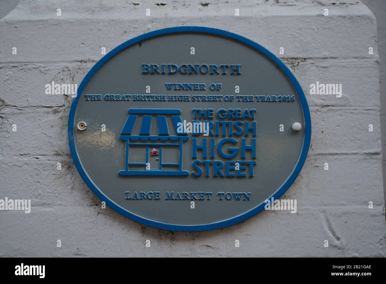 Plaque on Wall at Bridgenorth. Winner of the Great British High Street, Large Market town. Worcestershire. UK Stock Photo