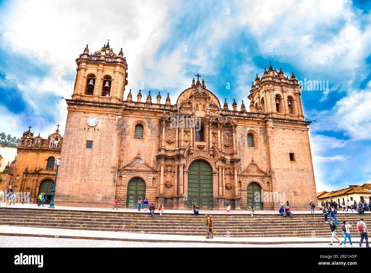 Exterior of Cusco Cathedral on Plaza de Armas, Cusco, Sacred Valley, Peru Stock Photo