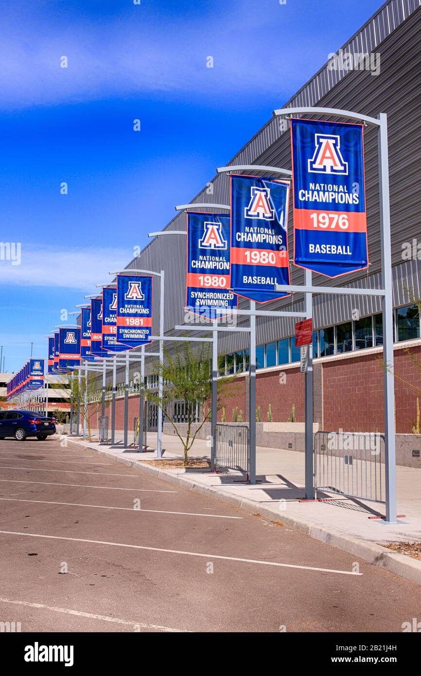 Banners showing the National Champions years in various sports of students from the University of Arizona at Tucson Stock Photo