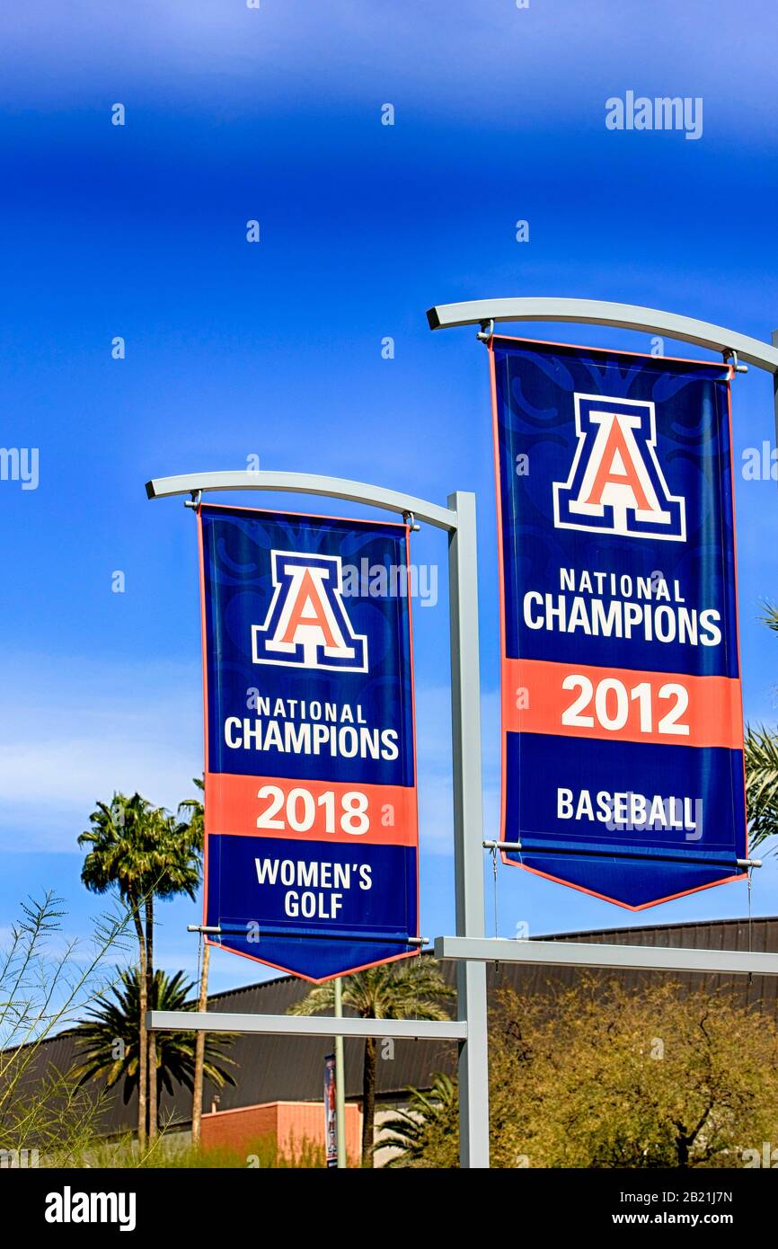 Banners showing the National Champions (2012 Baseball and 2018 Golf) of students from the University of Arizona at Tucson Stock Photo
