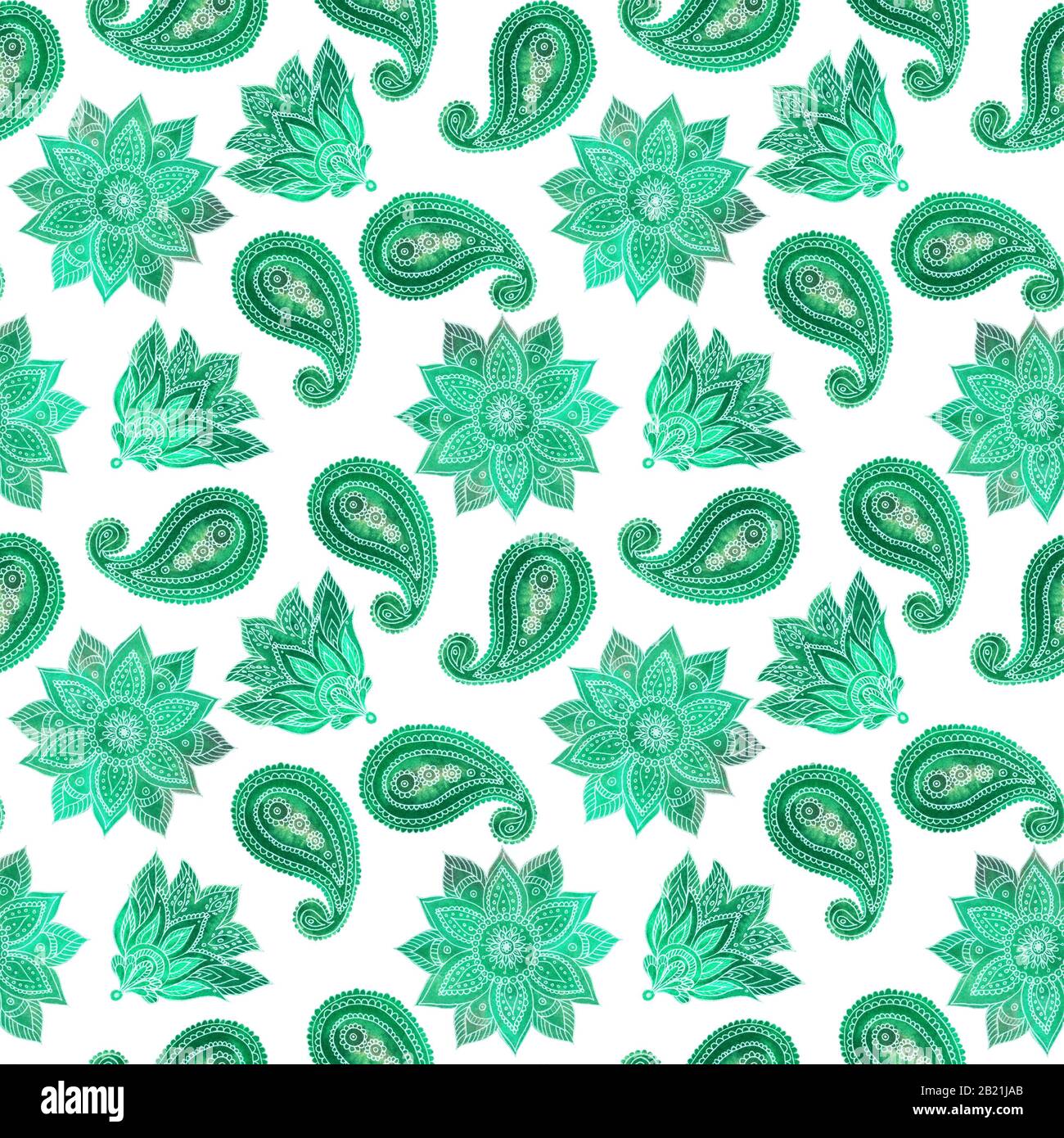 Seamless paisley style hand-drawn pattern. Watercolor elements. Green floral pattern. Stock Photo