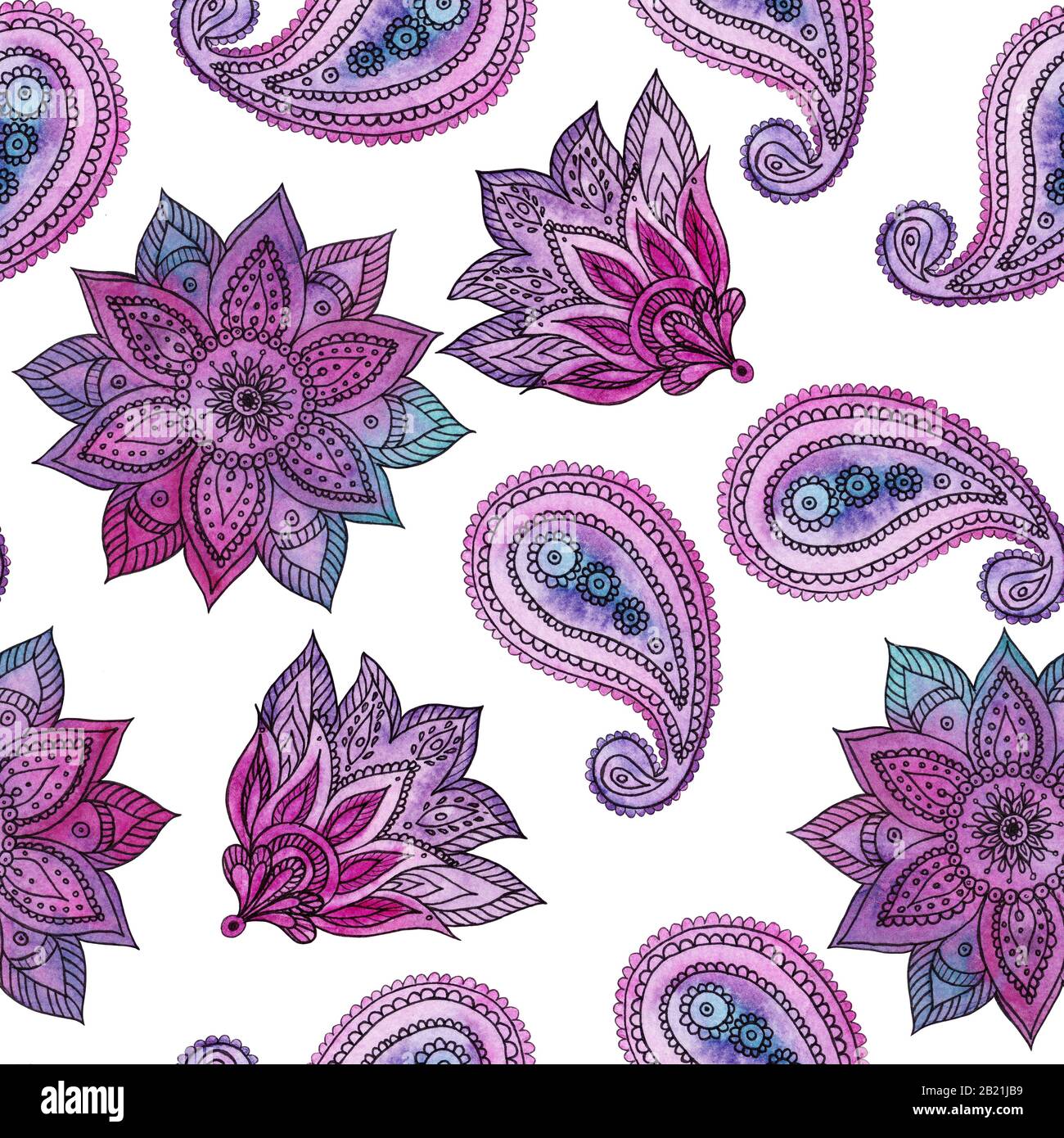 Seamless paisley style hand-drawn pattern. Watercolor elements. Stock Photo
