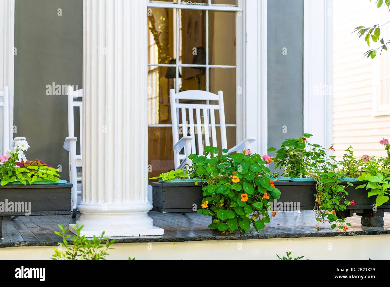 Historic Garden district in New Orleans, Louisiana with patio garden green plants flowers on white antebellum column and rocking chairs on old street Stock Photo