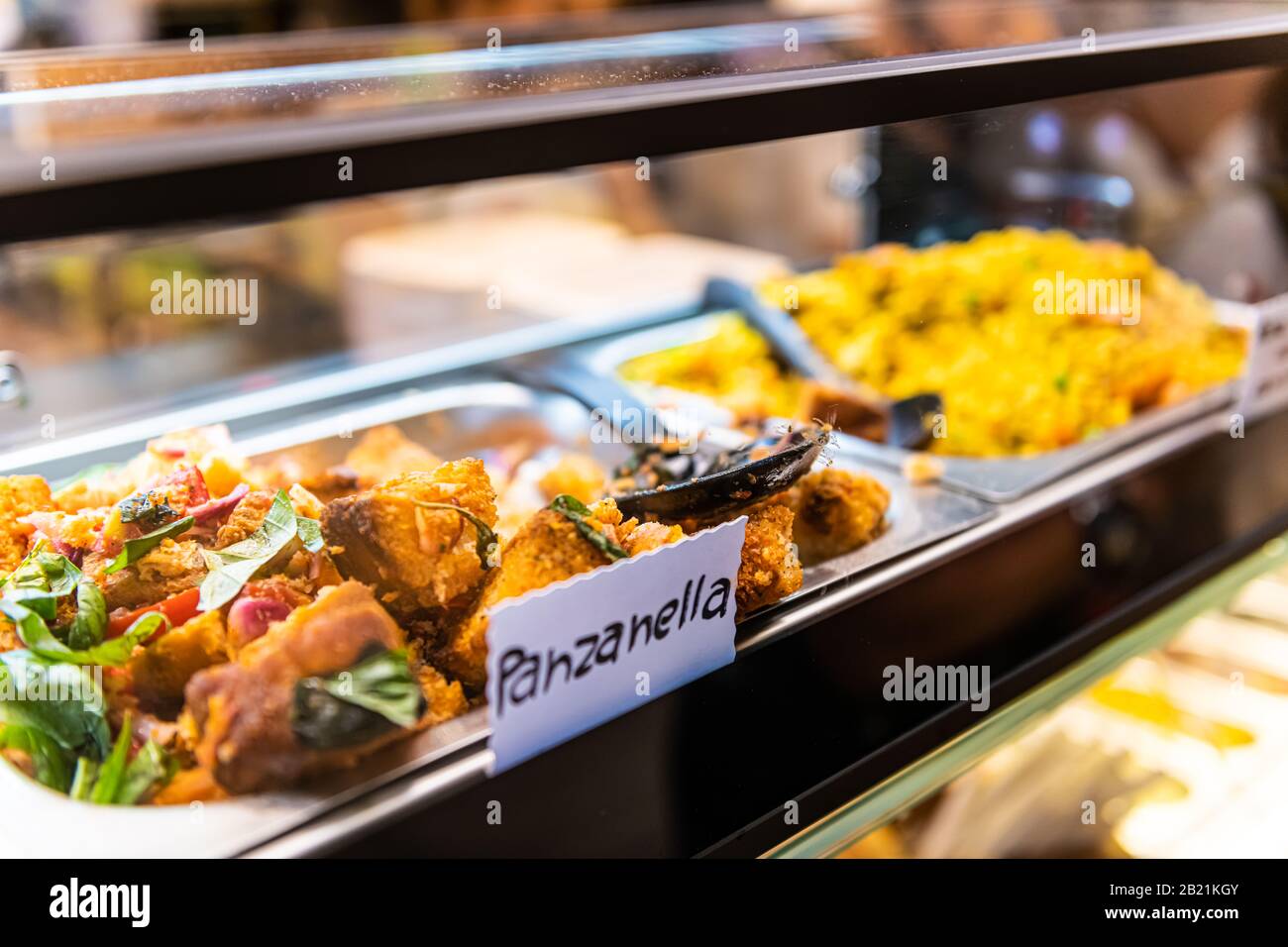 Sign for panzanella Italian traditional soaked bread salad with vegetables  in market shop grocery display in Florence Italy closeup buffet tray on cou  Stock Photo - Alamy
