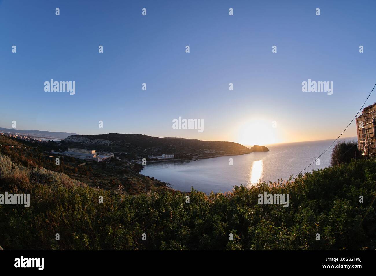 Sunup on calamosca beach from capo sant'Elia lighthouse, Cagliari, Sardinia, Italy Stock Photo