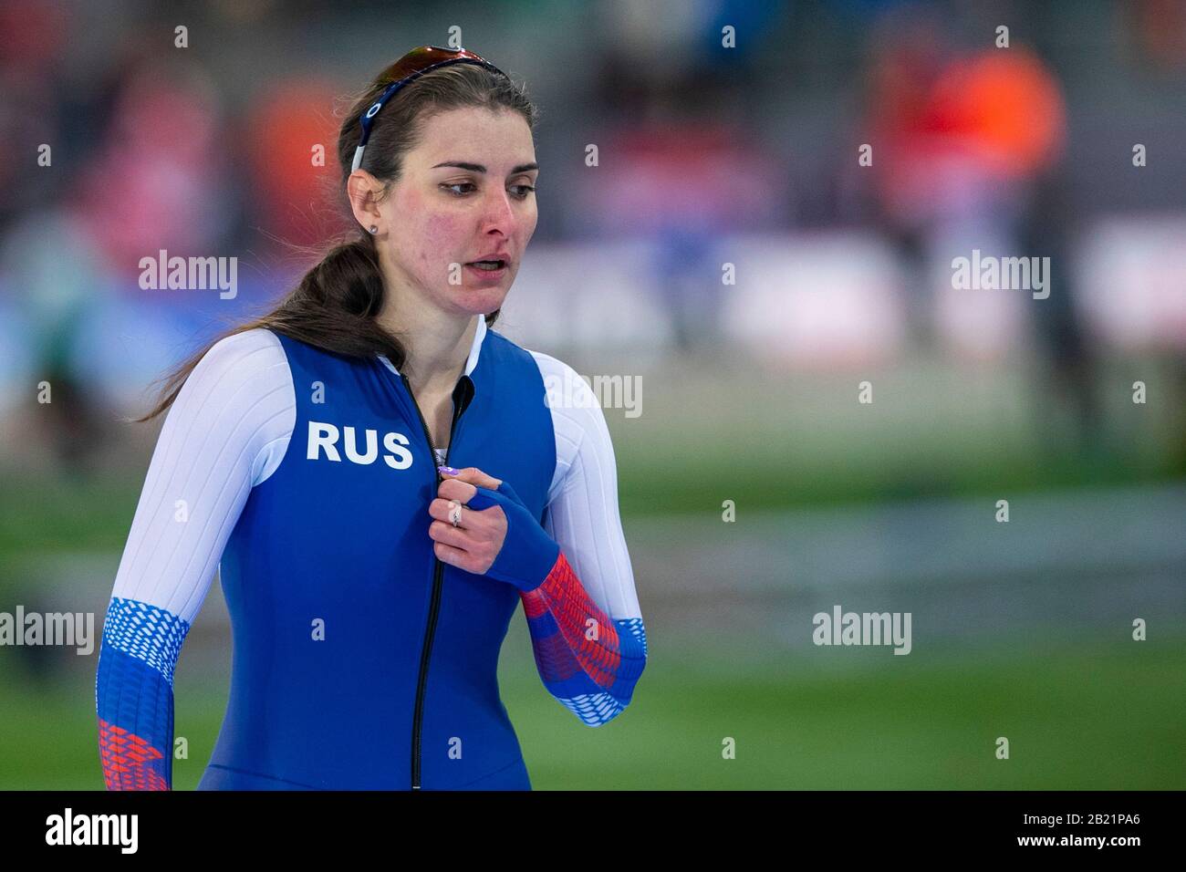 Hamar, Norway. 28th Feb, 2020. HAMAR, Vikingskipet, 28-02-2020, season 2019/2020, World Allround and Sprint Speedskating Championships. 500m ladies sprint, Angelina Golikova during the match WC Allround and Sprint 28-02-2020 Credit: Pro Shots/Alamy Live News Stock Photo