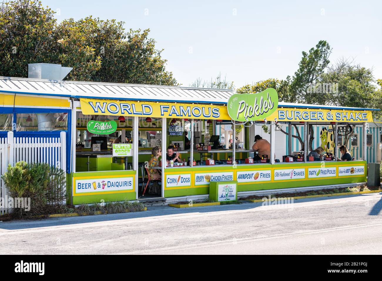 Seaside, USA April 25, 2018 Restaurant sign for Pickle's burgers and