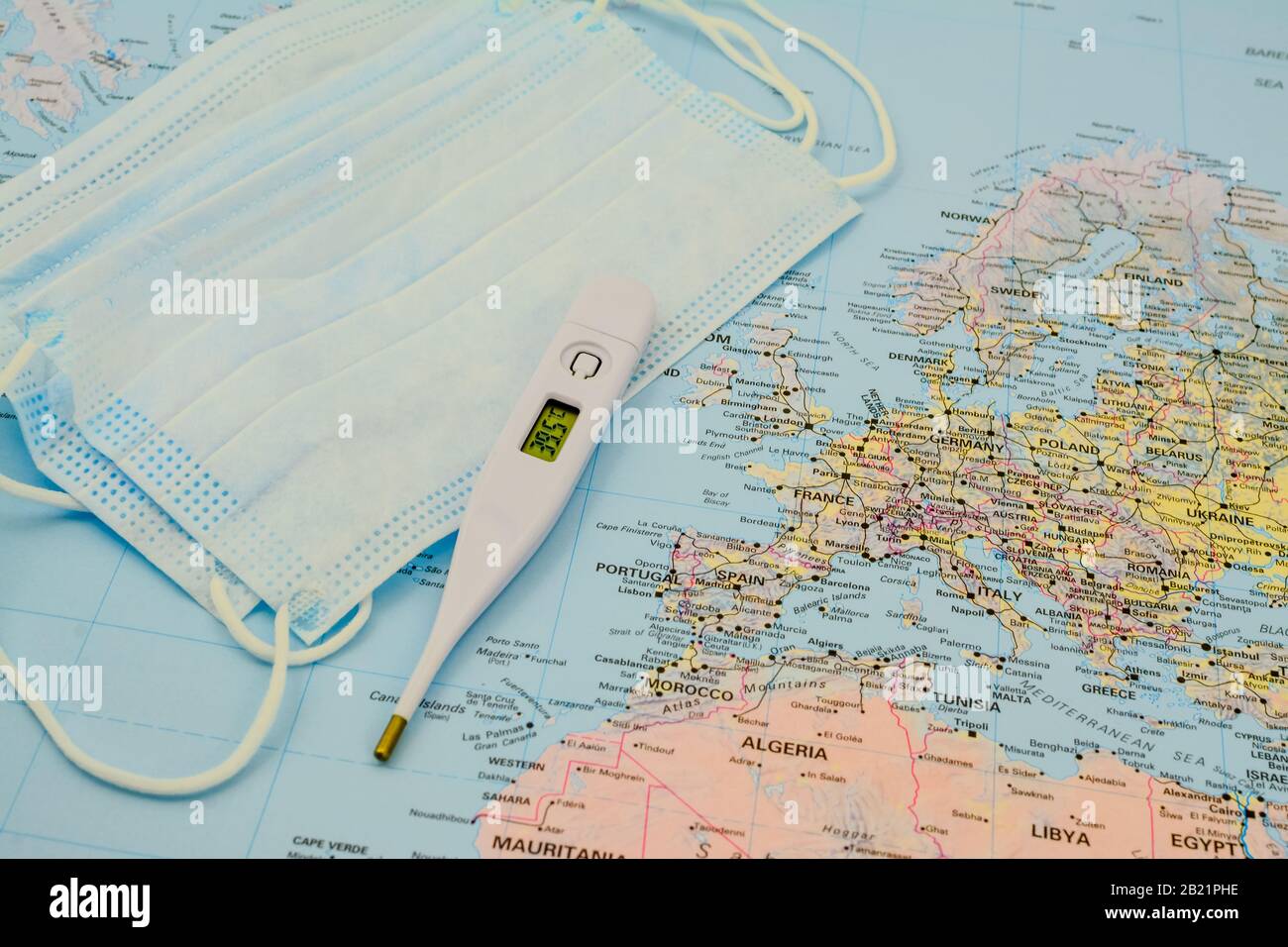 Medical protective mask on World map. Covid19 Surgical face mask