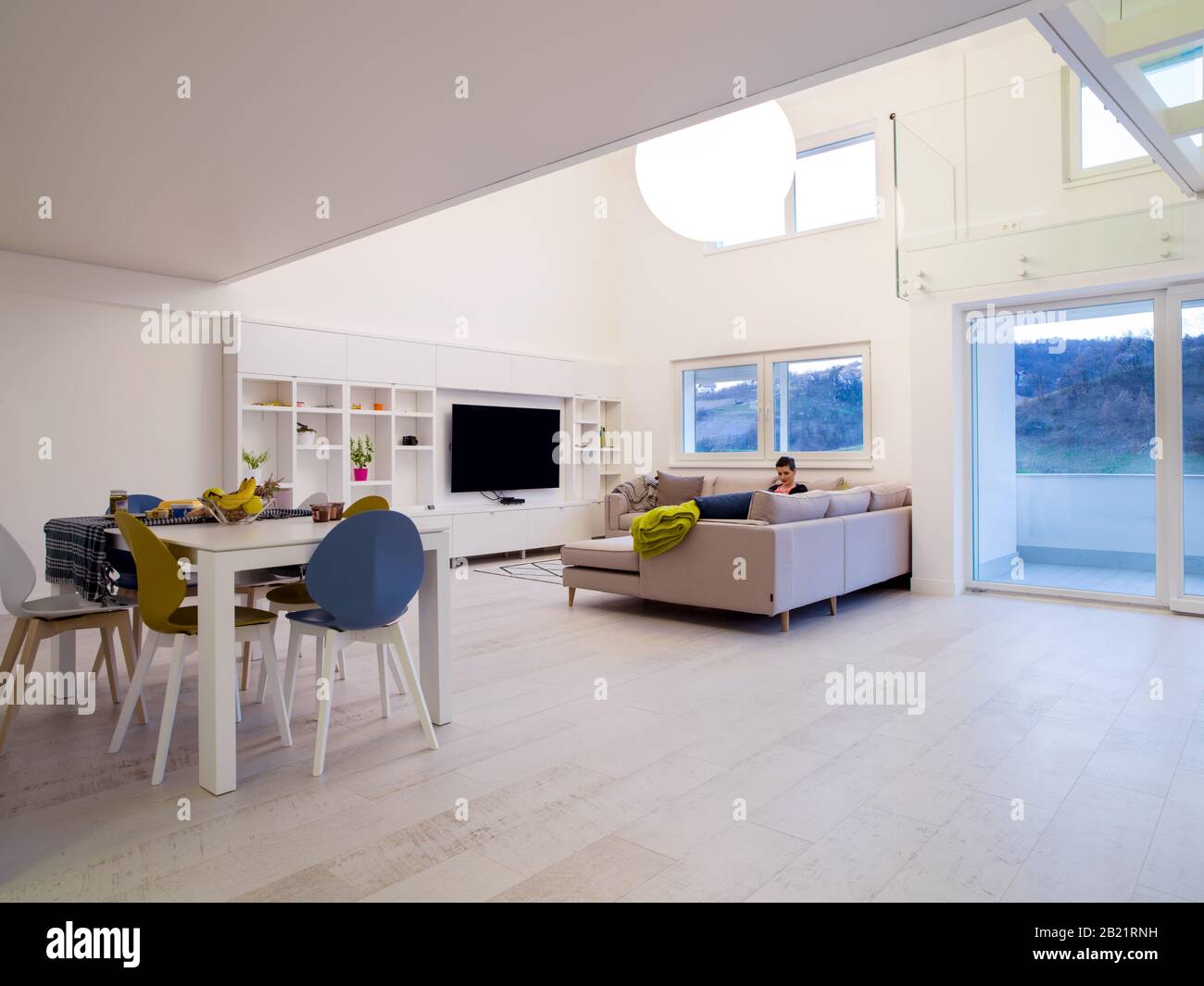 Interior Of A Luxury Stylish Modern Open Space Design Two Level Apartment With White Walls Stock Photo Alamy