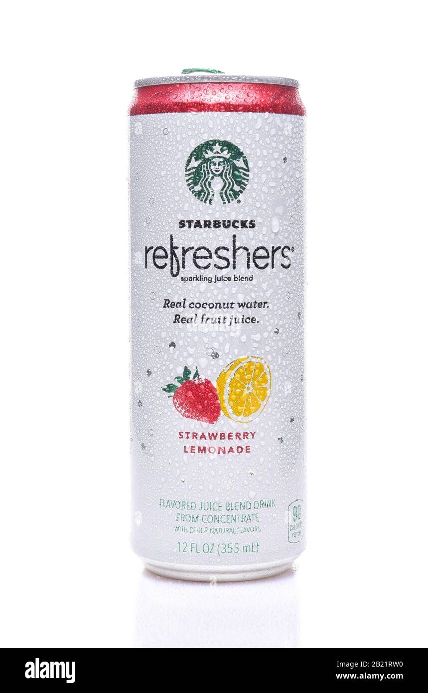 IRVINE, CALIFORNIA - DECEMBER 14, 2017: Starbucks Refreshers Strawberry Lemonade. The sparkling beverages are made with real fruit juice and are light Stock Photo