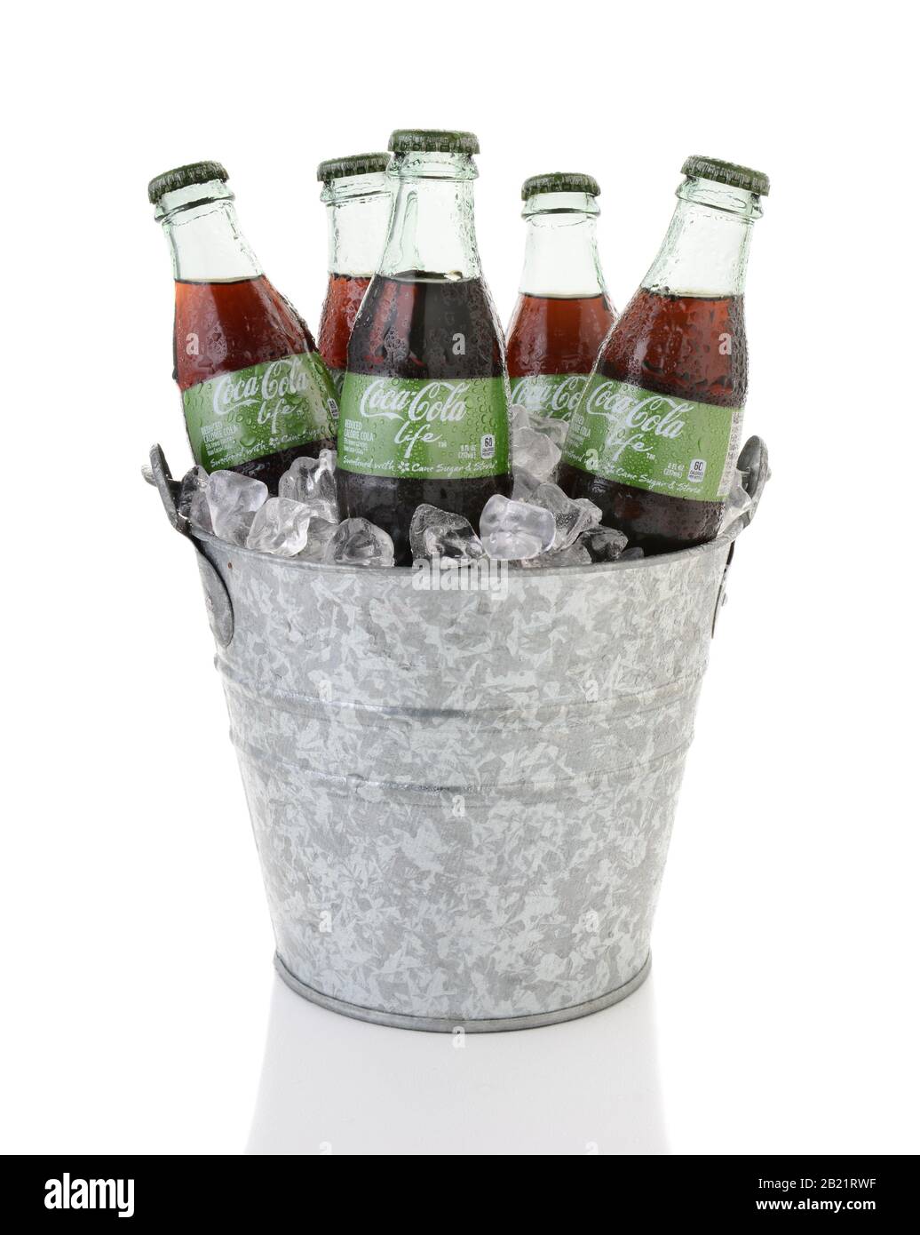 IRVINE, CA - FEBRUARY 15, 2015: Coca-Cola Life bottles in an ice bucket. A reduced calorie soft drink sweetened with cane sugar and Stevia, containing Stock Photo