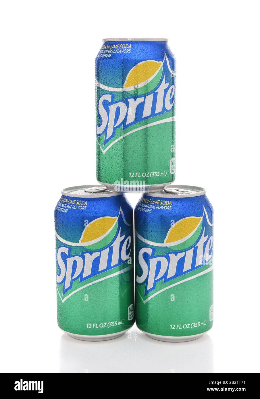 IRVINE, CALIFORNIA - JULY 10, 2017: Three Sprite Cans with condensation. Sprite is a lemon lime soft drink from the Coca-Cola Comapny. Stock Photo