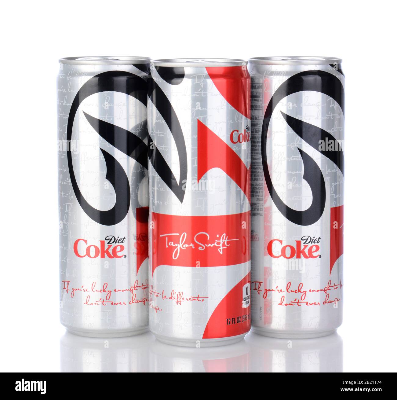 IRVINE, CA - January 05, 2014: Photo of 3, 12 ounce cans of Diet Coke, with Taylor Swift design. Coca-Cola is the one of the worlds favorite carbonate Stock Photo