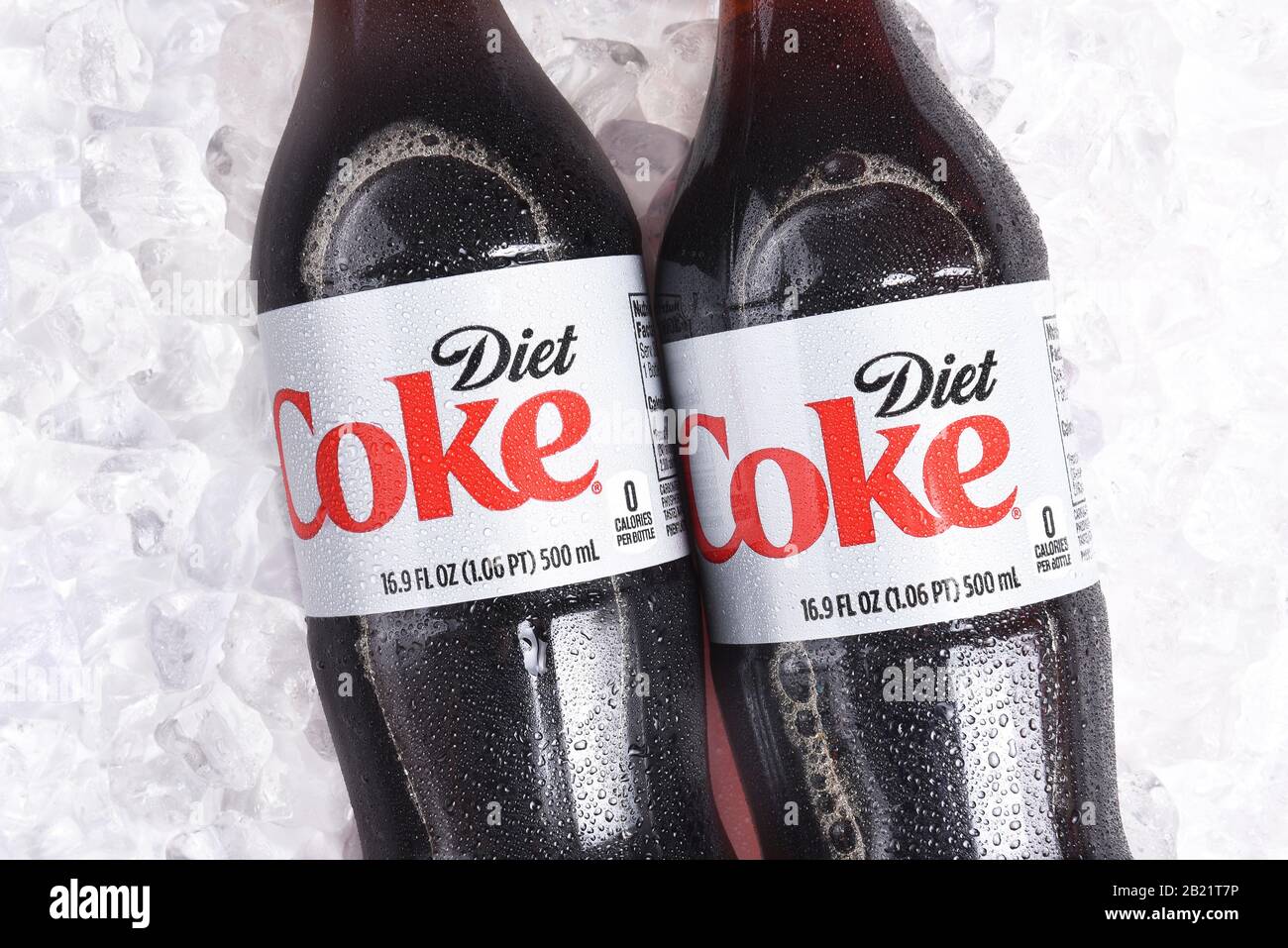 IRVINE, CALIFORNIA - January 22, 2017: 3 bottles of Diet Coke on ice. Coca-Cola is the one of the worlds favorite carbonated beverages. Stock Photo