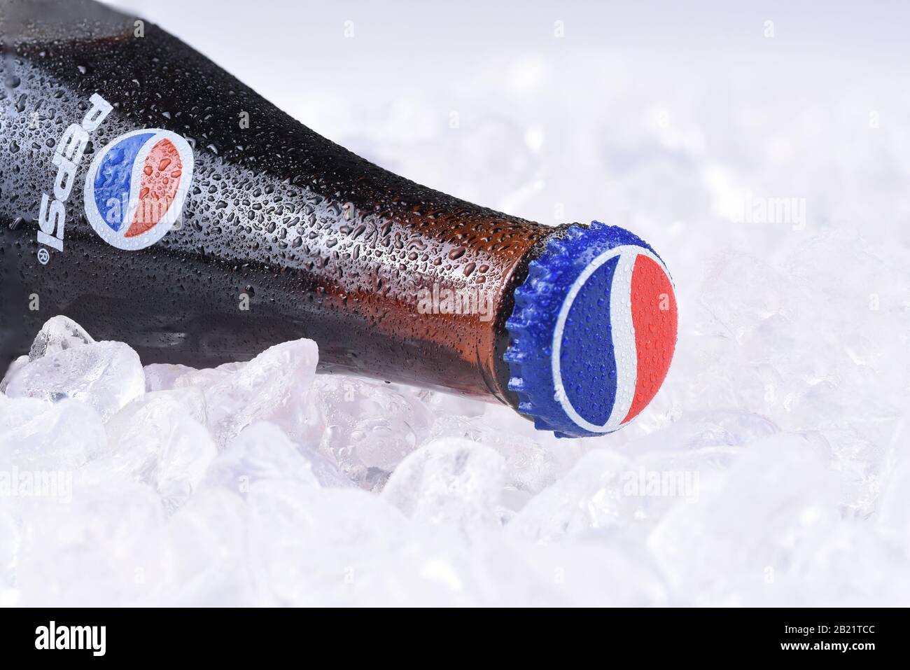 IRVINE, CALIFORNIA - FEBRUARY 7, 2017: Pepsi-Cola Bottle on ice. Pepsi is one of the leading producers of soda and soft drinks in the USA. Stock Photo