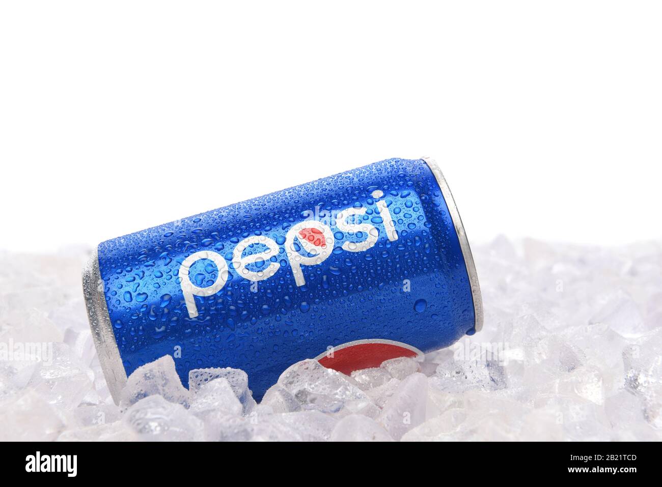 IRVINE, CALIFORNIA - JUNE 28, 2019: A 7.5 ounce cans of Pepsi Cola in ice with white background. Stock Photo