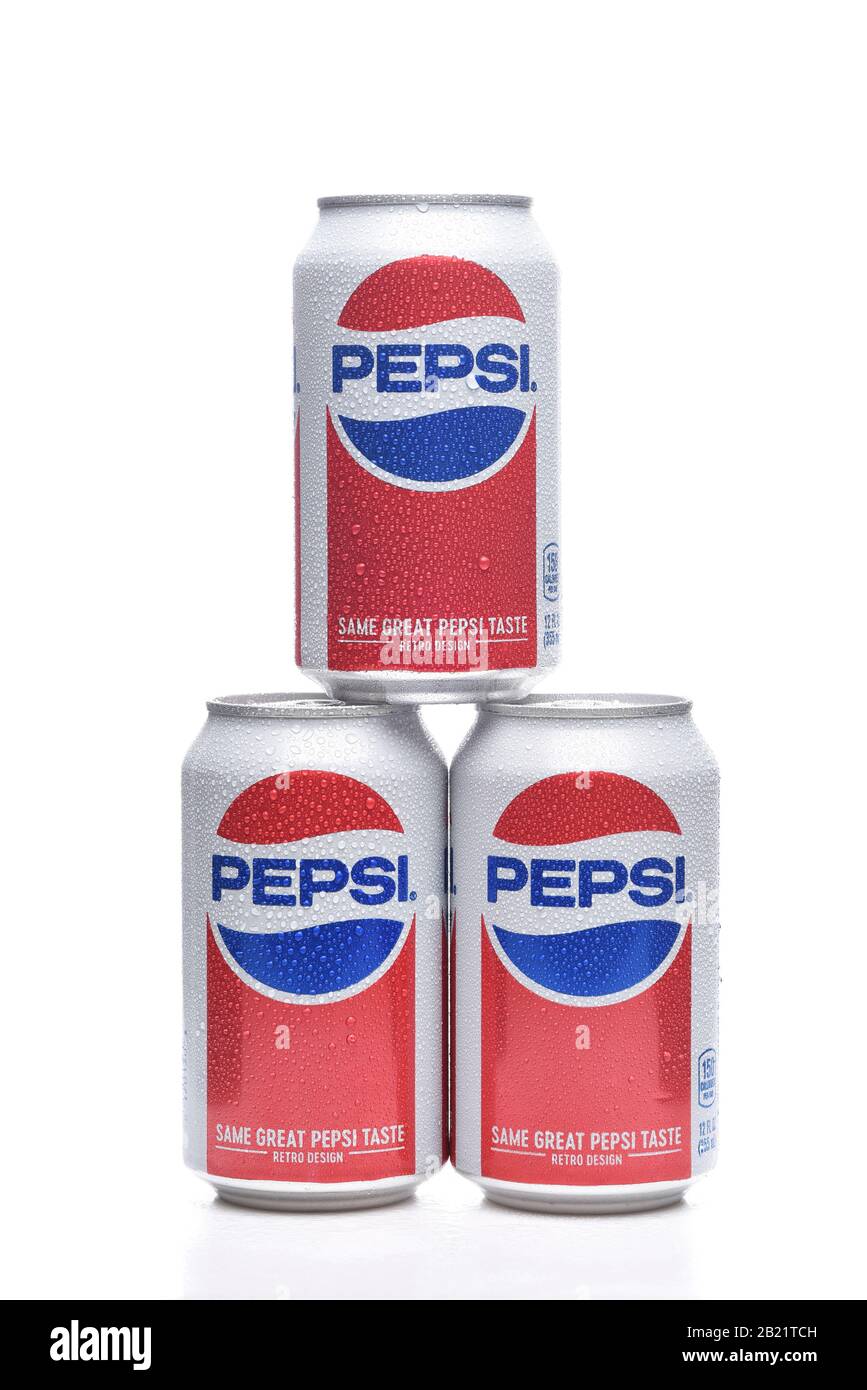 IRVINE, CALIFORNIA - MAY 23, 2018: Three cans of Pepsi-Cola. Pepsi is one of the leading soft drink manufacturers in the world. Stock Photo