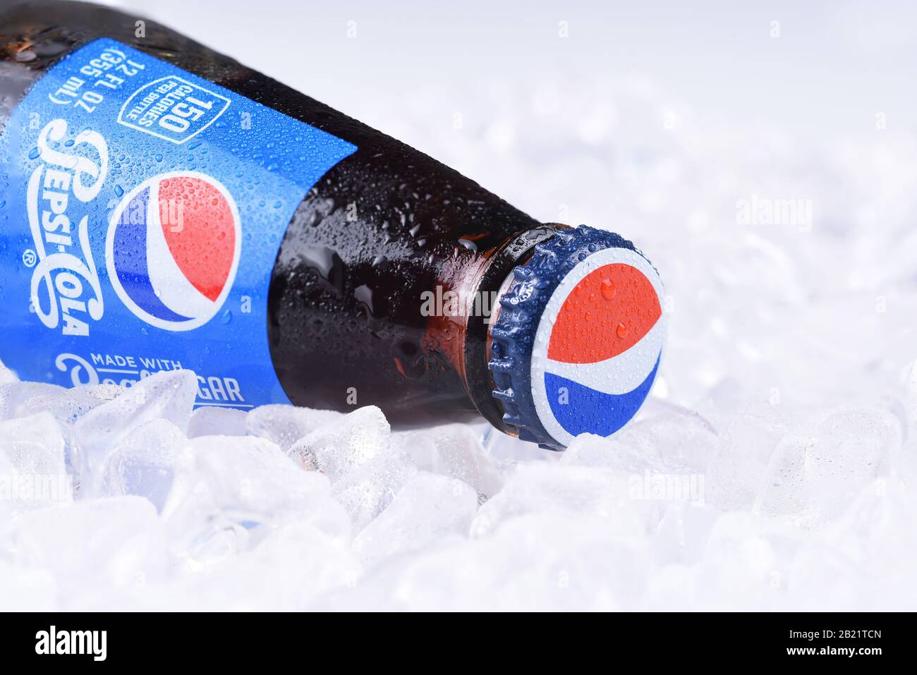 IRVINE, CALIFORNIA - FEBRUARY 7, 2017: Pepsi-Cola Bottle on ice. Pepsi is one of the leading producers of soda and soft drinks in the USA. Stock Photo