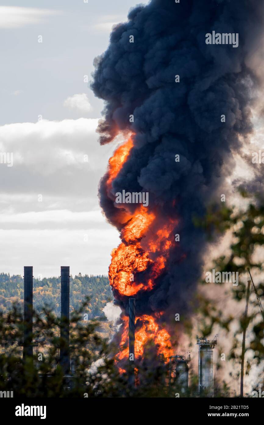 Large fire at an oil refinery. Only parts of the refinery visible behind the trees. Thick black smoke rises from the bright orange flames. Stock Photo