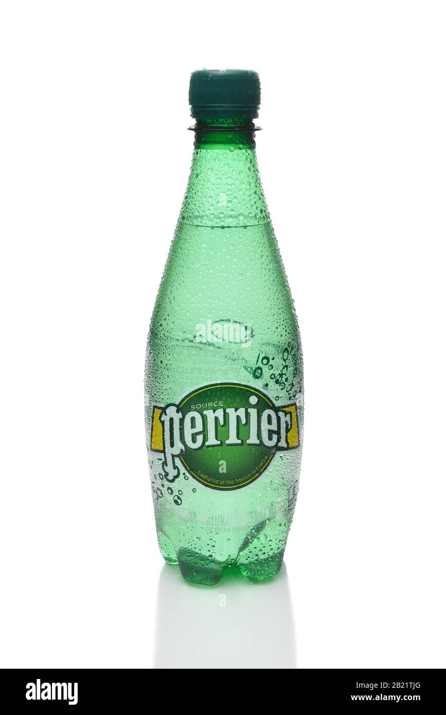 IRVINE, CALIFORNIA - DECEMBER 17, 2017: Perrier Sparkling Mineral Water. The spring, in Vergeze, France, where the water is sourced is naturally carbo Stock Photo