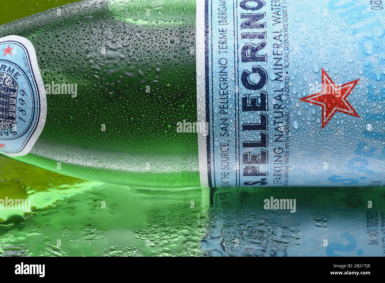IRVINE, CALIFORNIA - MARCH 10,  2018: San Pellegrino Mineral Water closeup.  The sparkling water is produced in San Pellegrino Terme, in the Province Stock Photo