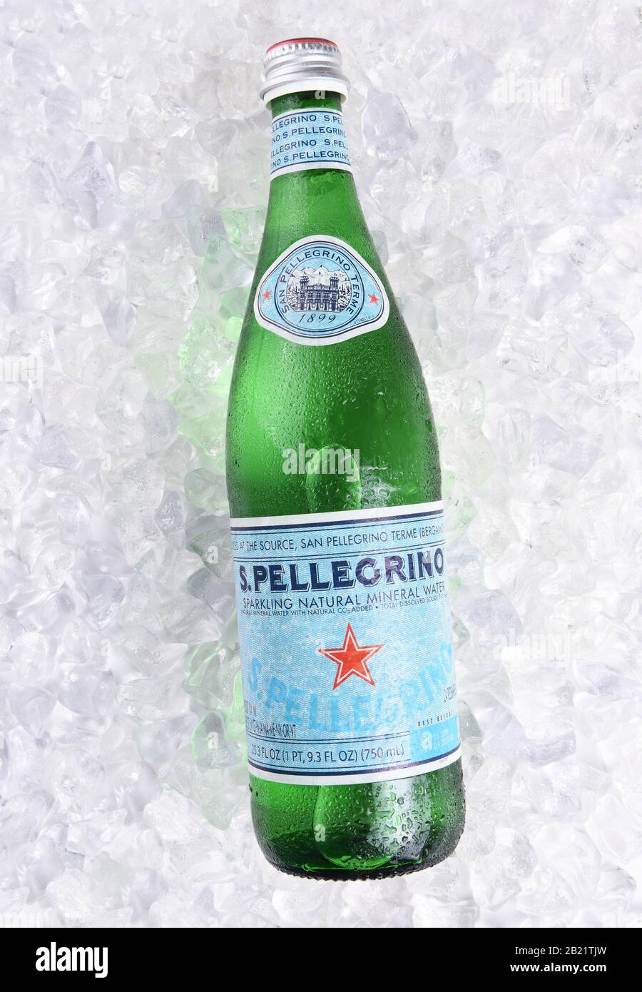 IRVINE, CALIFORNIA - MARCH 16, 2017: San Pellegrino Mineral Water on ice.  The sparkling water is produced in San Pellegrino Terme, in the Province of Stock Photo