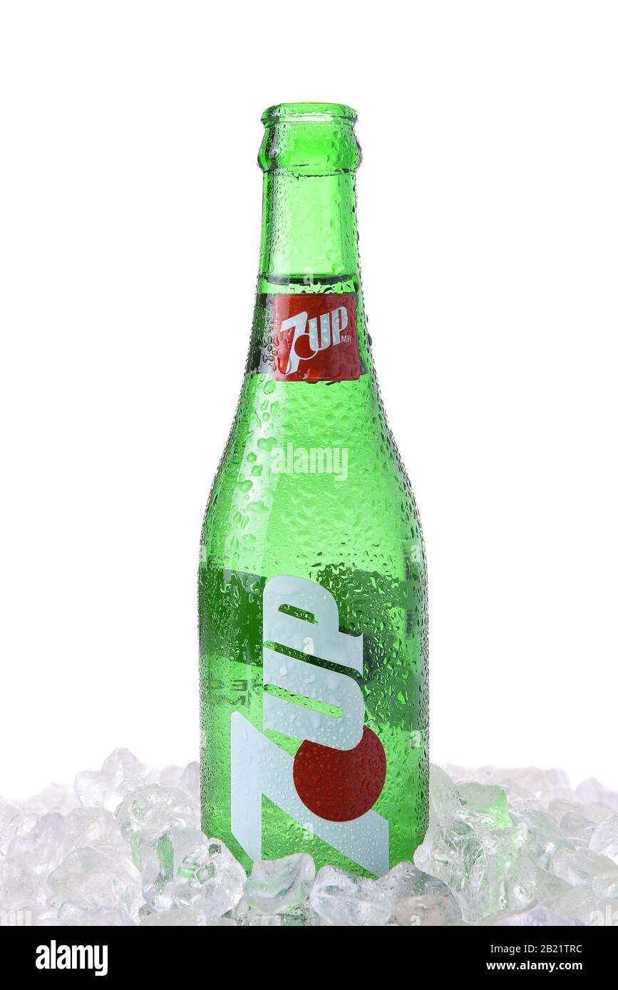 IRVINE, CA - MARCH 12, 2018: A glass 7-Up bottle. A lemon-lime flavored, non-caffeinated soft drink. The rights to the brand are held by Dr Pepper Sna Stock Photo