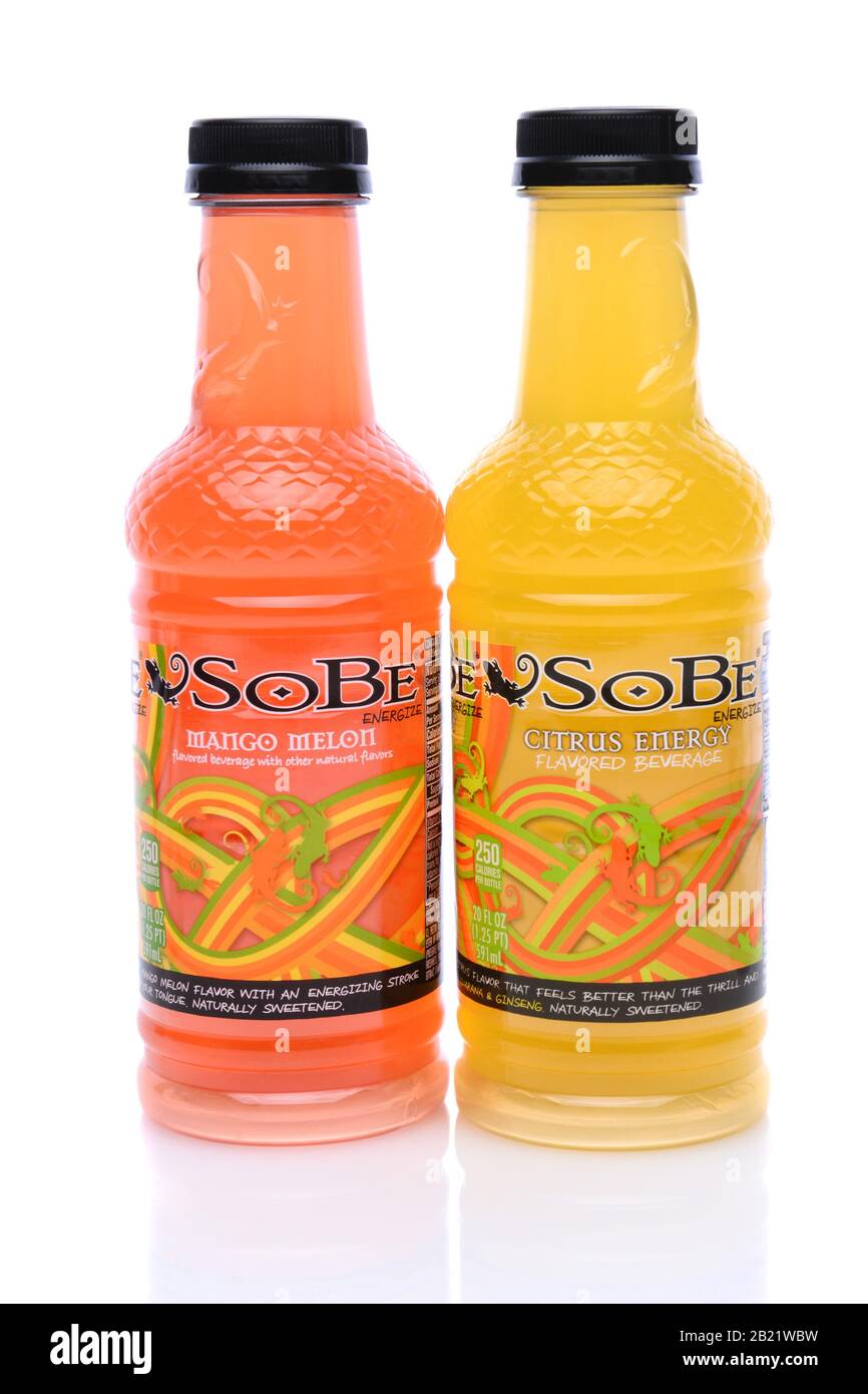IRVINE, CA - May 14, 2014: Bottles of SoBe Citrus Energy and Mango Melon SoBe Citrus Energy and Mango Melon. The name SoBe is an abbreviation of South Stock Photo