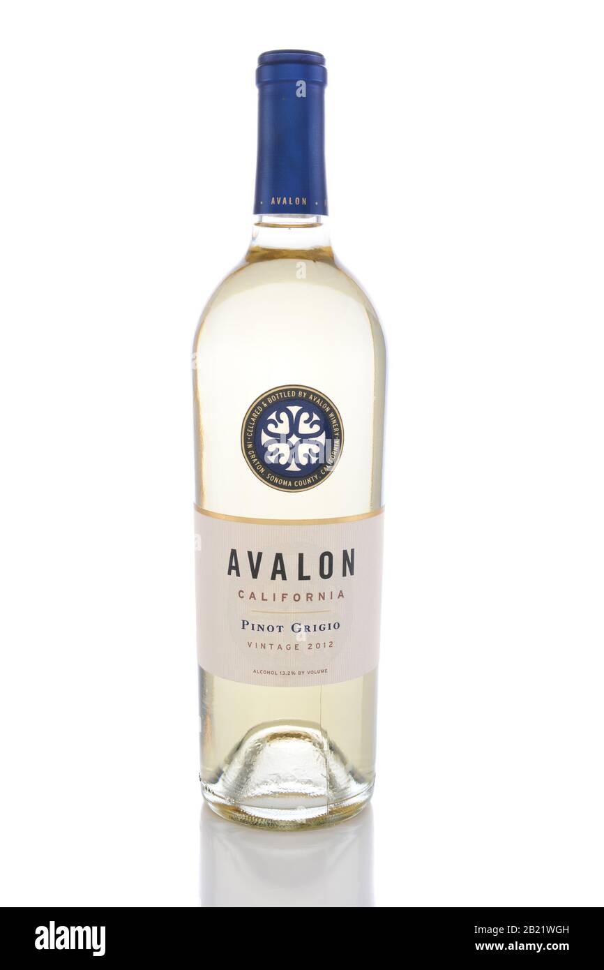 IRVINE, CA - JUNE 13, 2015: A single bottle of Avalon Pinot Grigio. From the Purple Wine Company in Graton, California, Avalon sources it's grapes fro Stock Photo