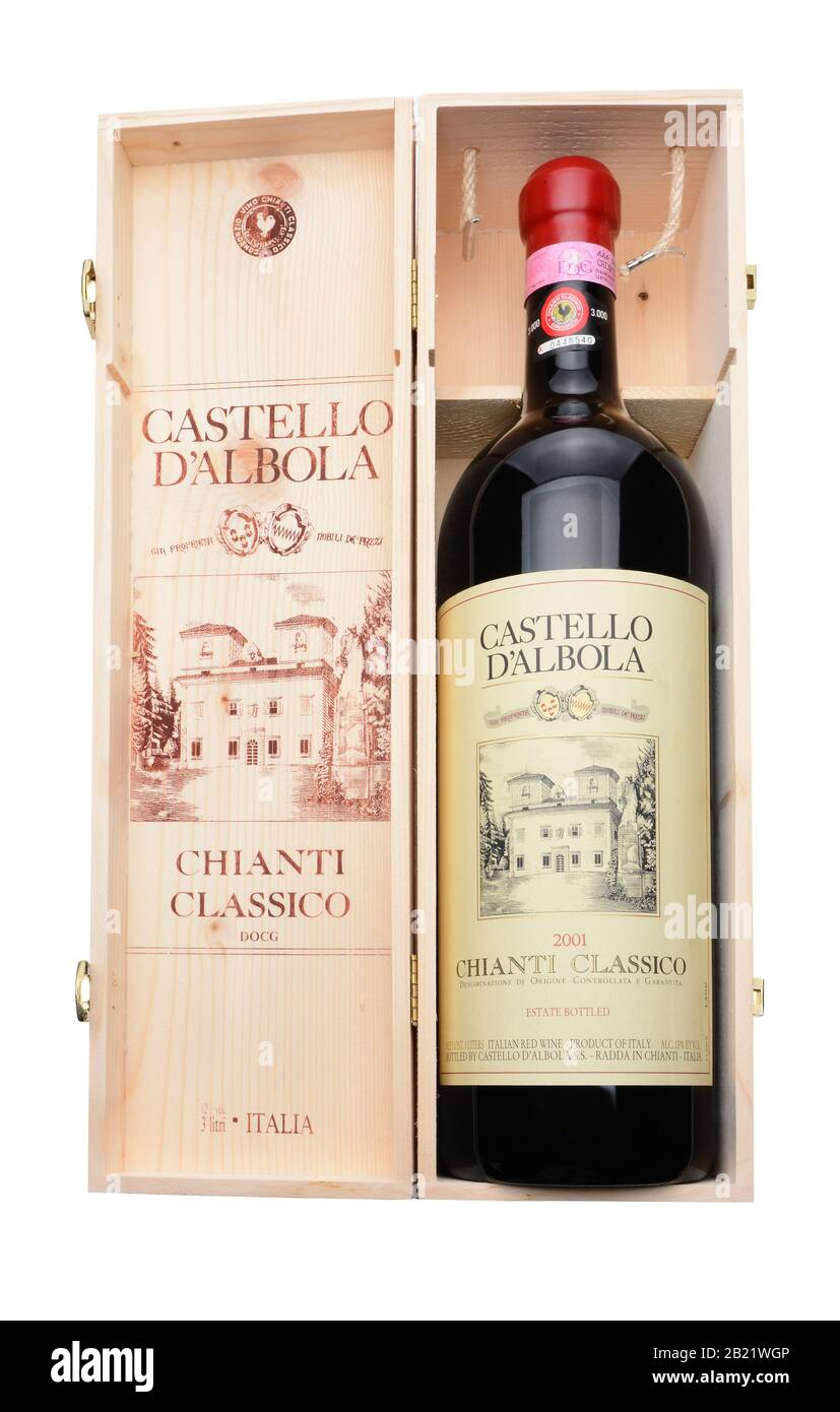 IRVINE, CA - DECEMBER 29, 2014: A 3 liter bottle of Castello D 'Albola Chianti Classico in wooden crate. The Italian estate has over 150 hectares of v Stock Photo