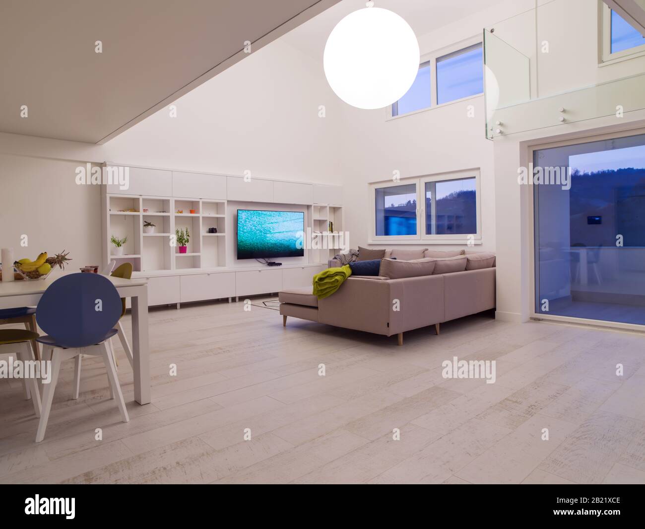 Interior Of A Luxury Stylish Modern Open Space Design Two Level Apartment With White Walls Stock Photo Alamy