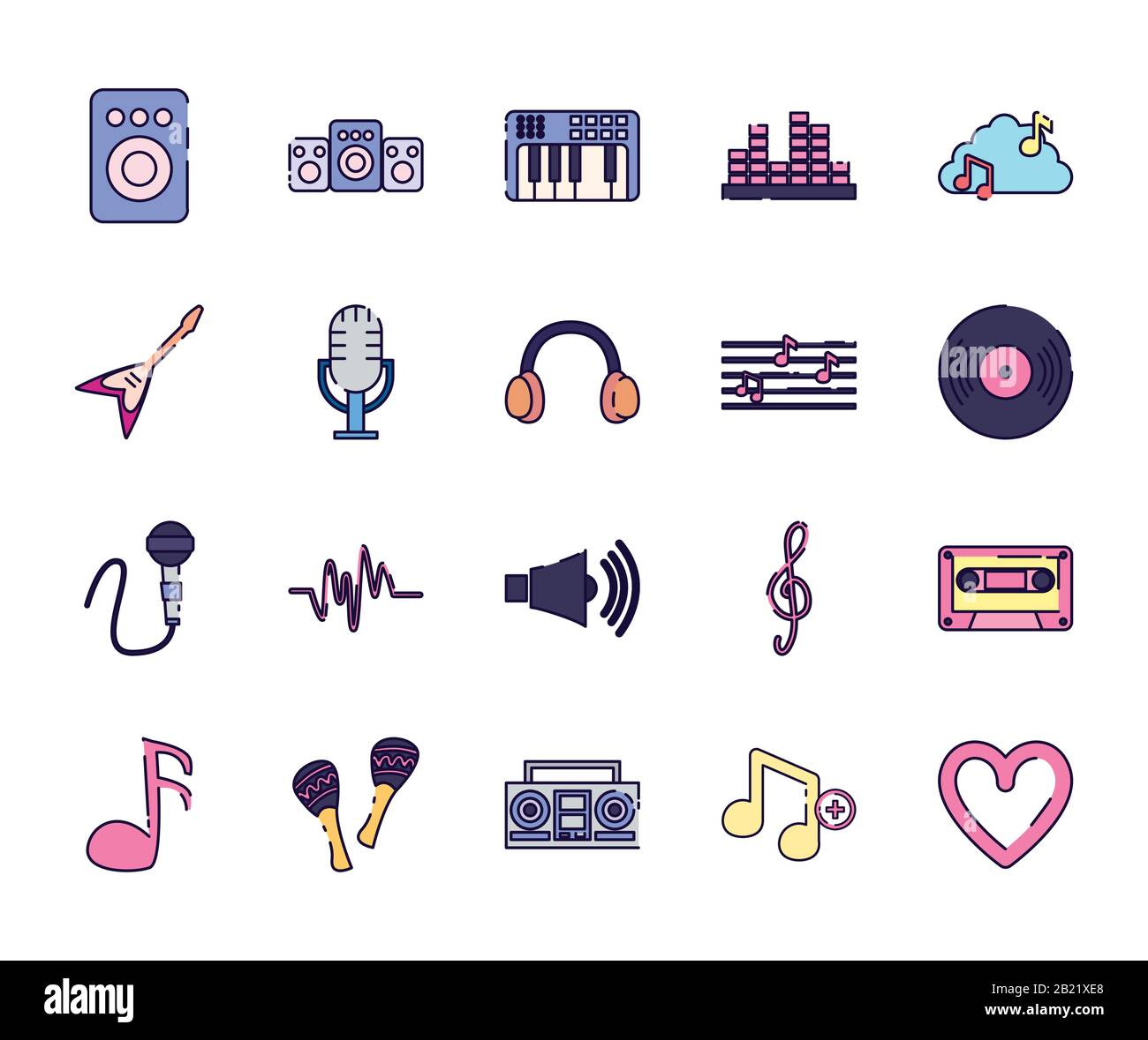 fill style icon set design, Music sound melody song musical art and ...