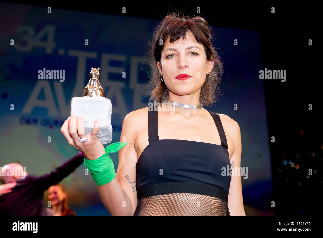Berlin, Germany. 28th Feb, 2020. 70th Berlinale, Teddy Award: Director Agustina Comedi is awarded for 'Playback. Ensayo de una despedida' in the category 'Best Short Film'. The queer film prize has been awarded at the Berlinale since 1987. The International Film Festival takes place from 20.02. to 01.03.2020. Credit: Christoph Soeder/dpa/Alamy Live News Stock Photo