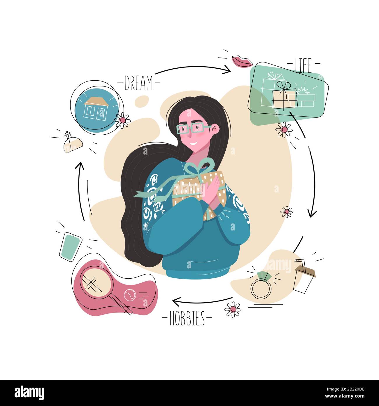 Gift and young woman illustration .Female in glasses holding present with bow and smile.Concept of life, hobbies, important things,sport,coffee cup,ri Stock Vector Image & Art - Alamy