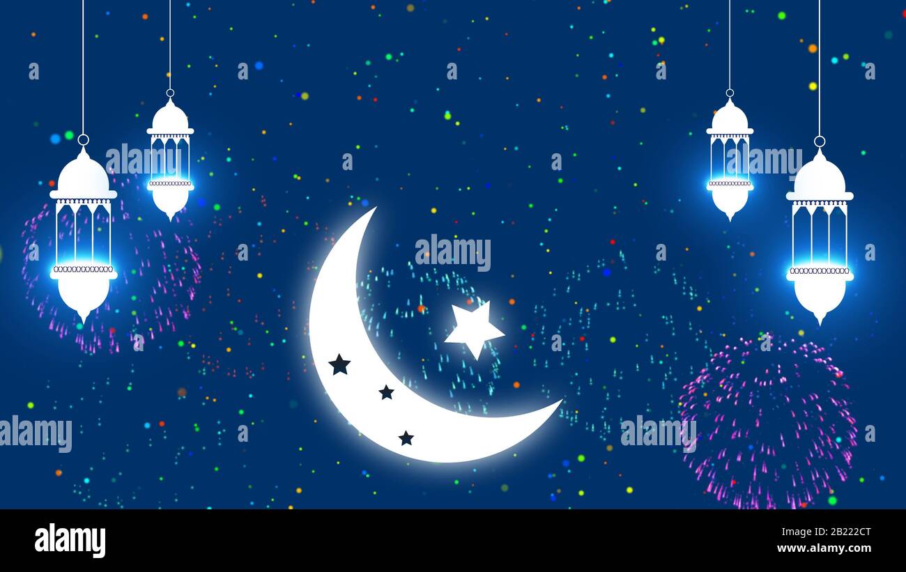 Eid Mubarak islamic design crescent moon and arabic calligraphy Stock ...