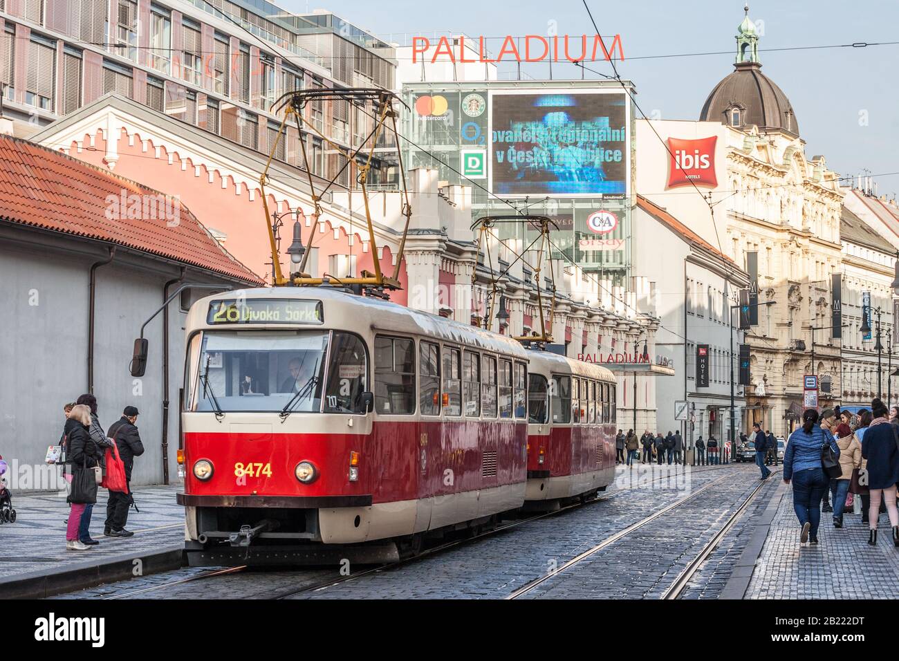 PRAGUE, CZECHIA - OCTOBER 31, 2019: Prague tram, or called Prazske  tramvaje, Tatra T3 model, near the Palladium Mall, crowded with commuters.  Managed Stock Photo - Alamy