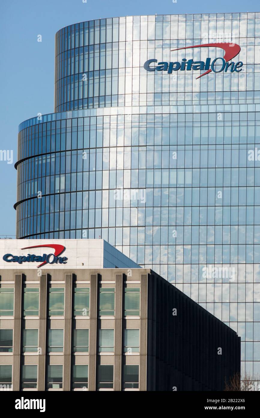 A logo sign outside of the headquarters of Capital One Financial Corporation (Bank) in McLean, Virginia, on February 23, 2020. Stock Photo