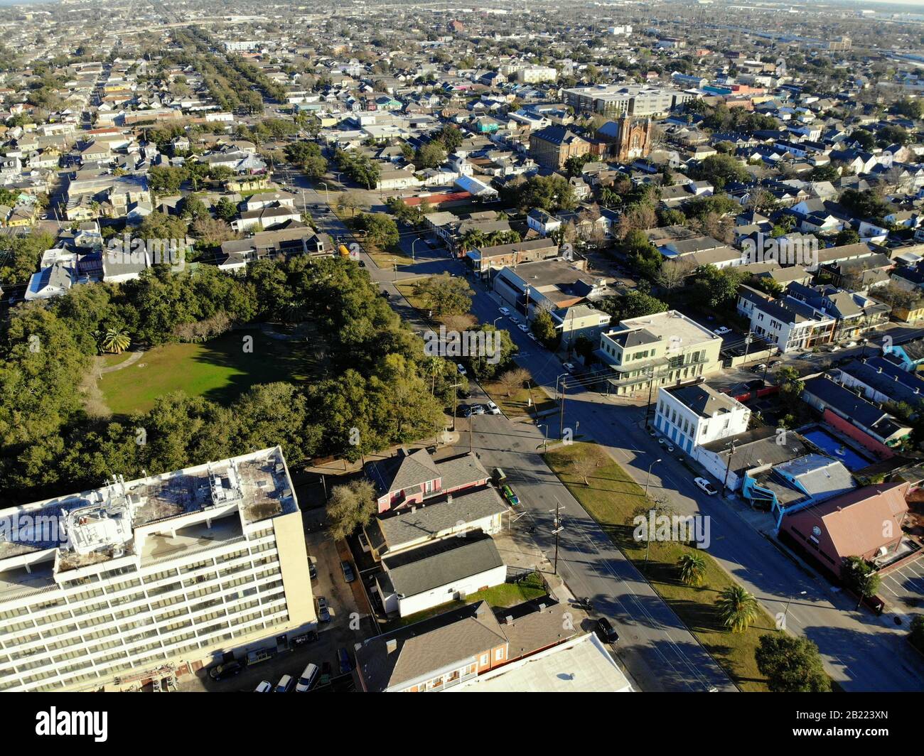 New Orleans, Louisiana, U.S.A - February 7, 2020 - The aerial view of the residential areas, traffic and buildings on French Quarter Stock Photo