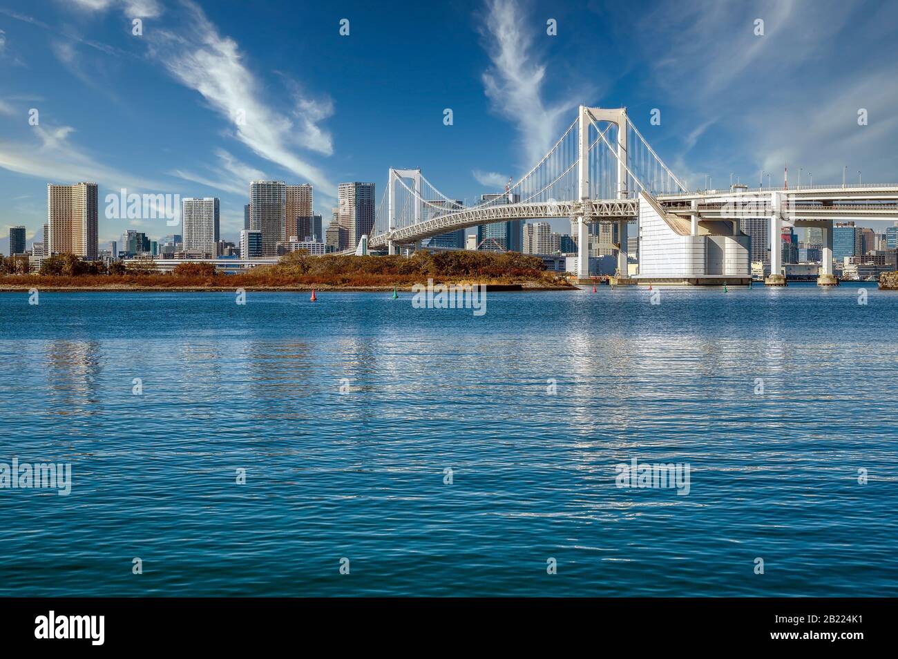A view of Tokyo and the Rainbow Bridge from Odaiba, a town on an artificial island, famous for its copy of the Statue of Liberty Stock Photo