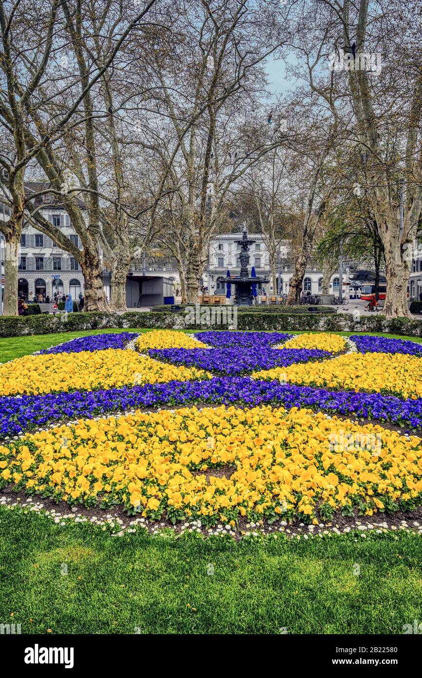A colorful display of spring flowers in Zurich, Switzerland Stock Photo