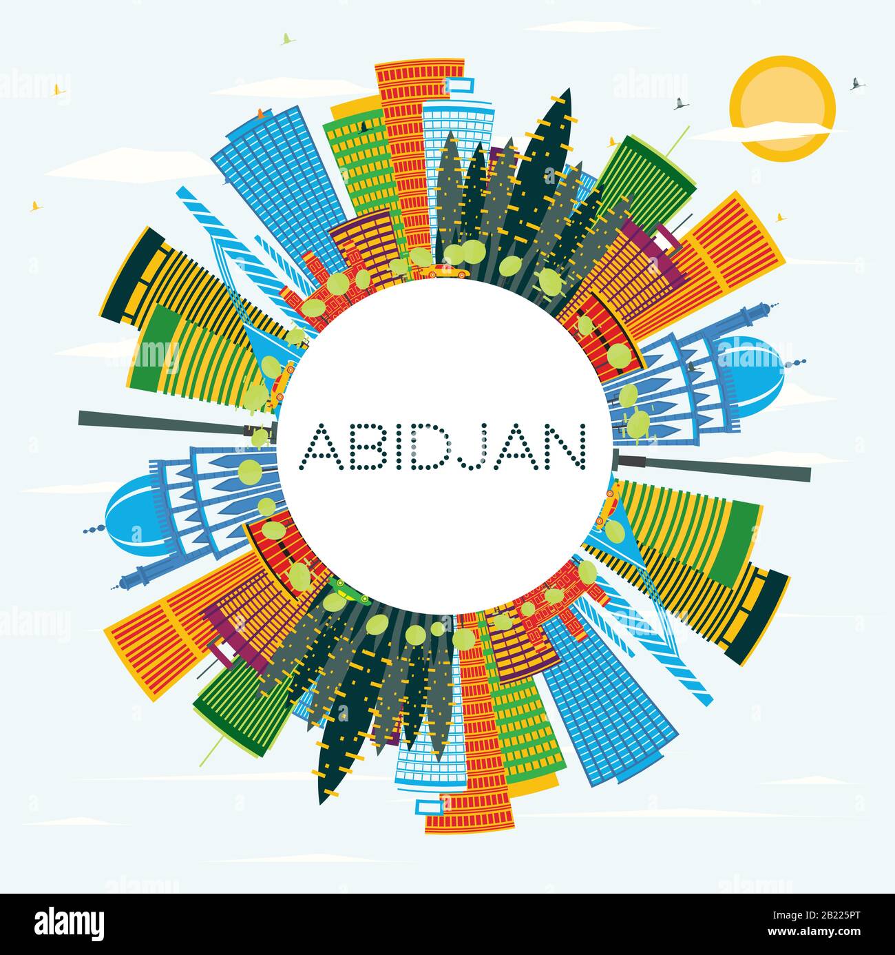 Abidjan Ivory Coast City Skyline with Color Buildings, Blue Sky and Copy Space. Vector Illustration. Business Travel and Tourism Concept. Stock Vector