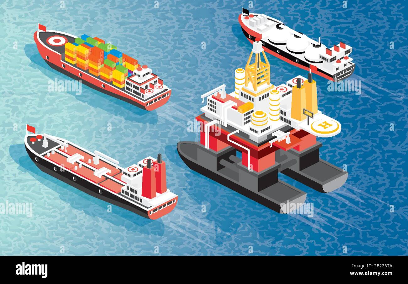 Isometric Oil Rig, Cargo Ship Container, LNG Carrier Ship and Oil Tanker. Vector Illustration. Shipping Freight Transportation. Stock Vector