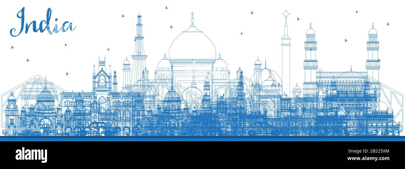 Outline India City Skyline with Blue Buildings. Delhi. Hyderabad. Kolkata. Vector Illustration. Travel and Tourism Concept with Famous Buildings. Stock Vector