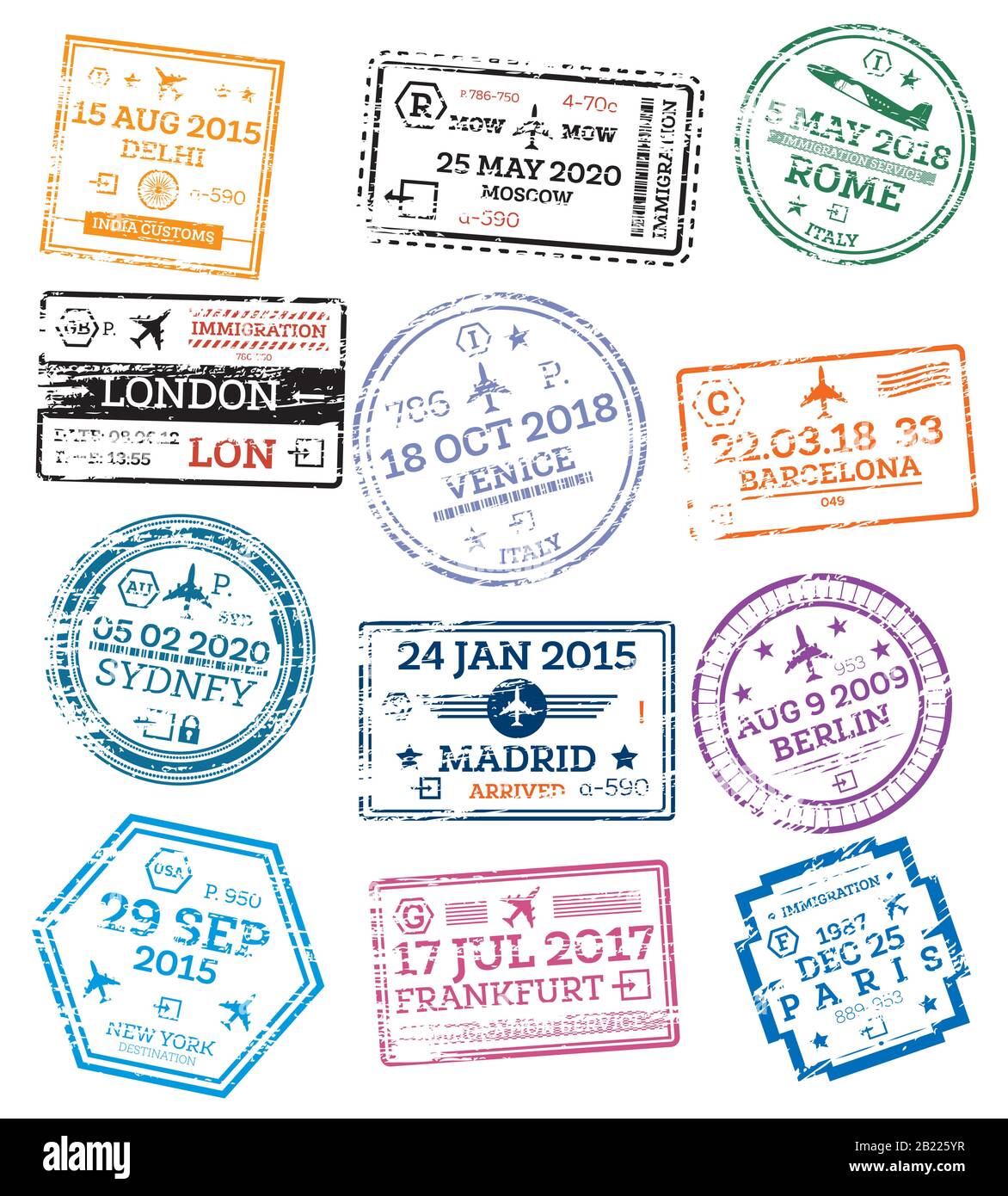 Collection of Passport Stamps Isolated on White. Vector Illustration. Set from Different Countries and Cities. Delhi. London. New York. Moscow. Paris. Stock Vector