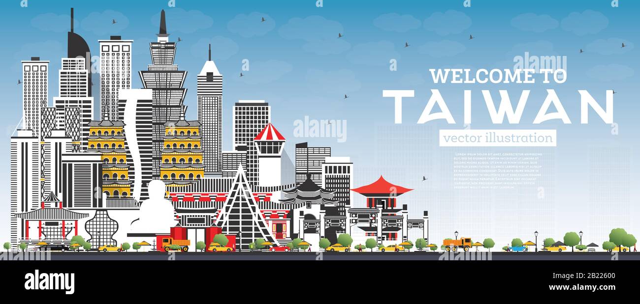 Welcome to Taiwan City Skyline with Gray Buildings and Blue Sky. Vector Illustration. Tourism Concept with Historic Architecture. Taiwan Cityscape. Stock Vector
